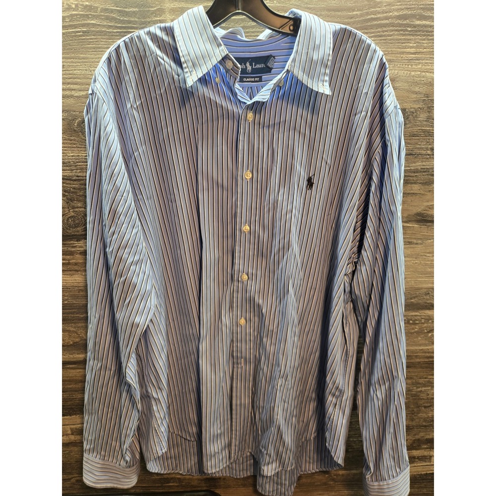 Polo Ralph Lauren Mens Classic Fit Striped Button Down Shirt‎ Blue 17.5 36/37